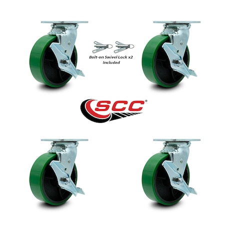 Service Caster 6 Inch Green Poly on Steel Caster Set with Ball Bearings 4 Brake 2 Swivel Lock SCC-30CS620-PUB-GB-TLB-BSL-2-TLB-2